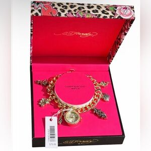 Ed Hardy NWT Gold Charm Bracelet WATCH!